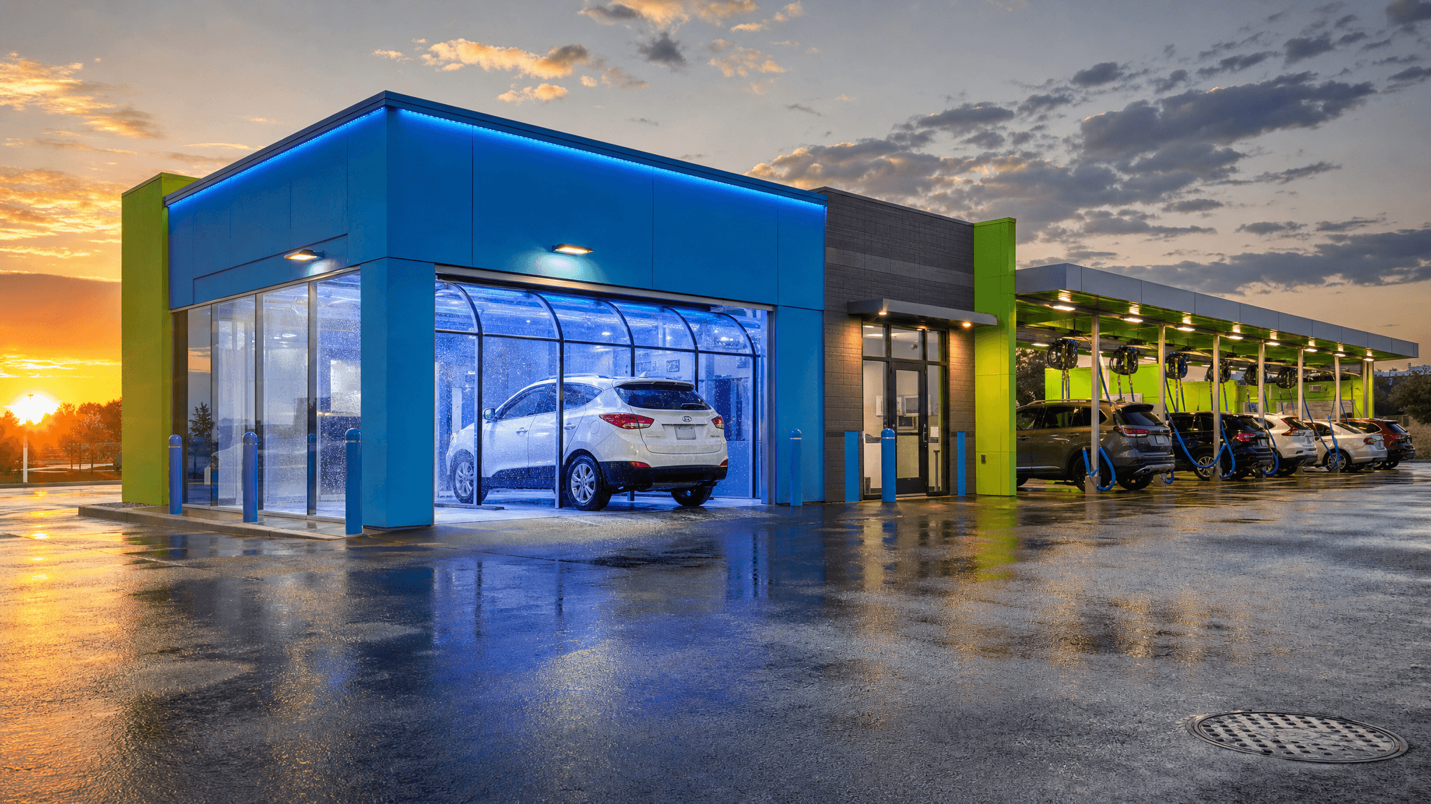 Surf Thru Express car wash building exterior at dusk