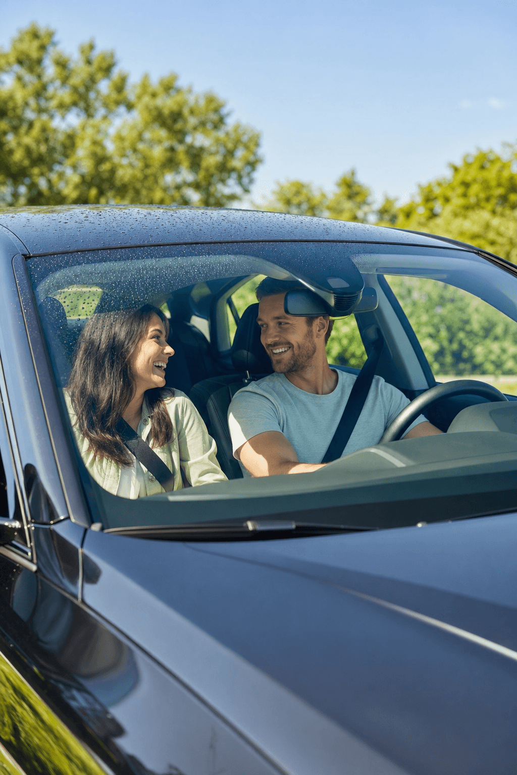Happy couple smiling inside a freshly washed car