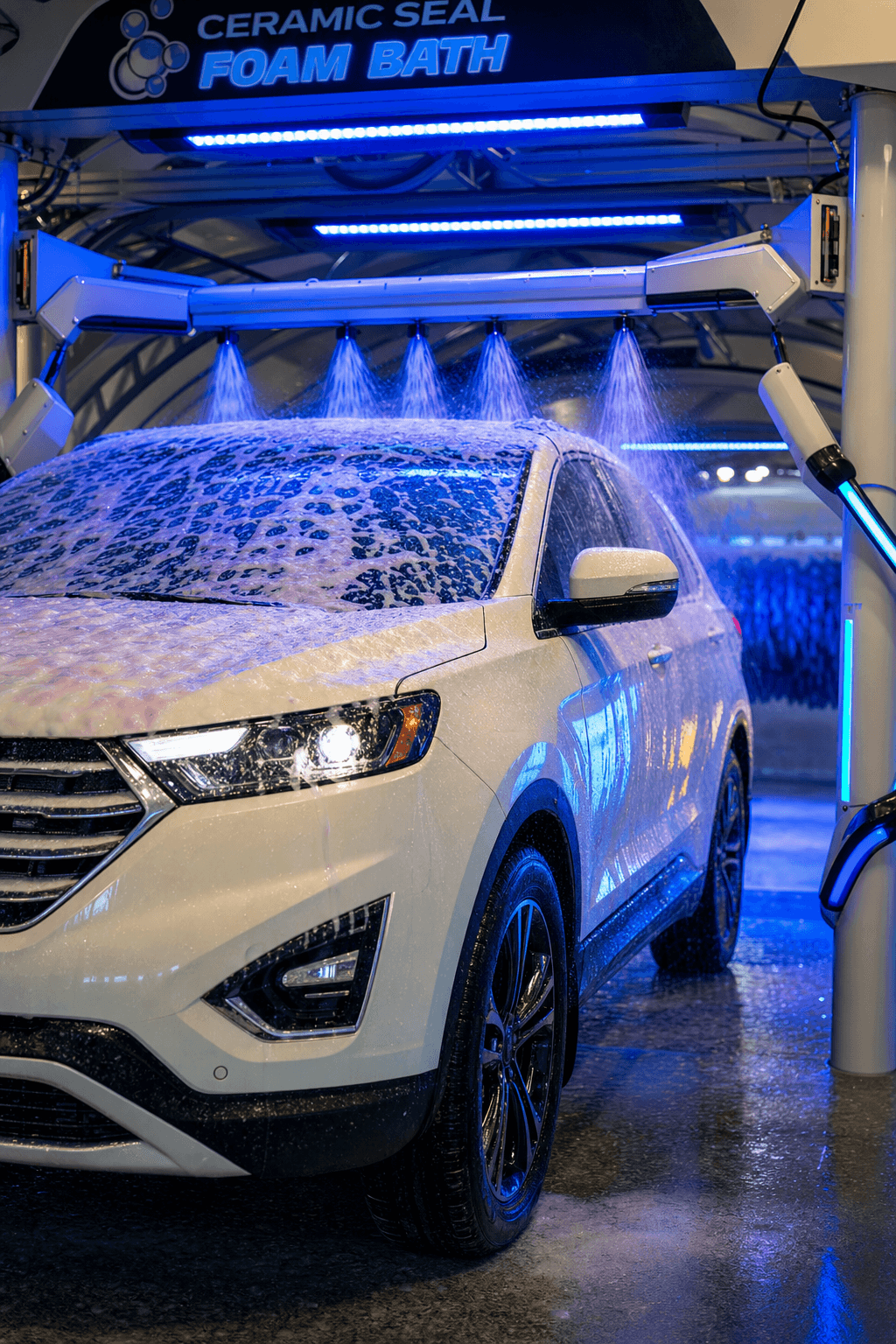 White SUV being treated with foam in the wash bay