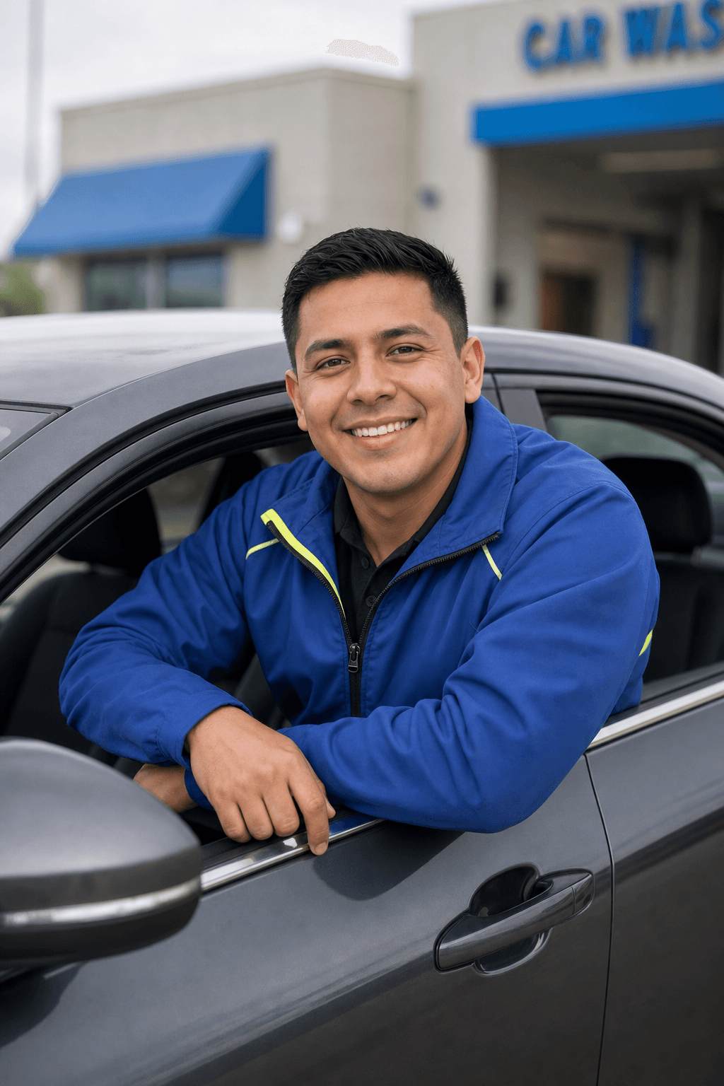 Smiling Surf Thru Express team member leaning on a clean car
