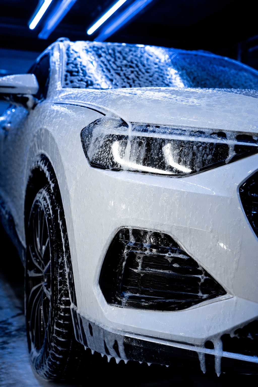 Close-up of a fleet vehicle being treated with foam