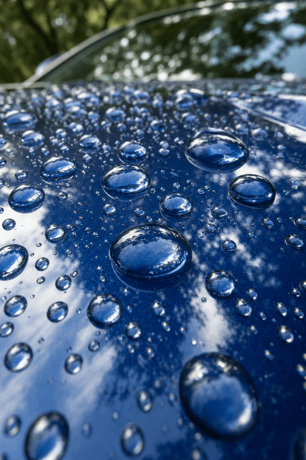 Water beads on a freshly washed car hood